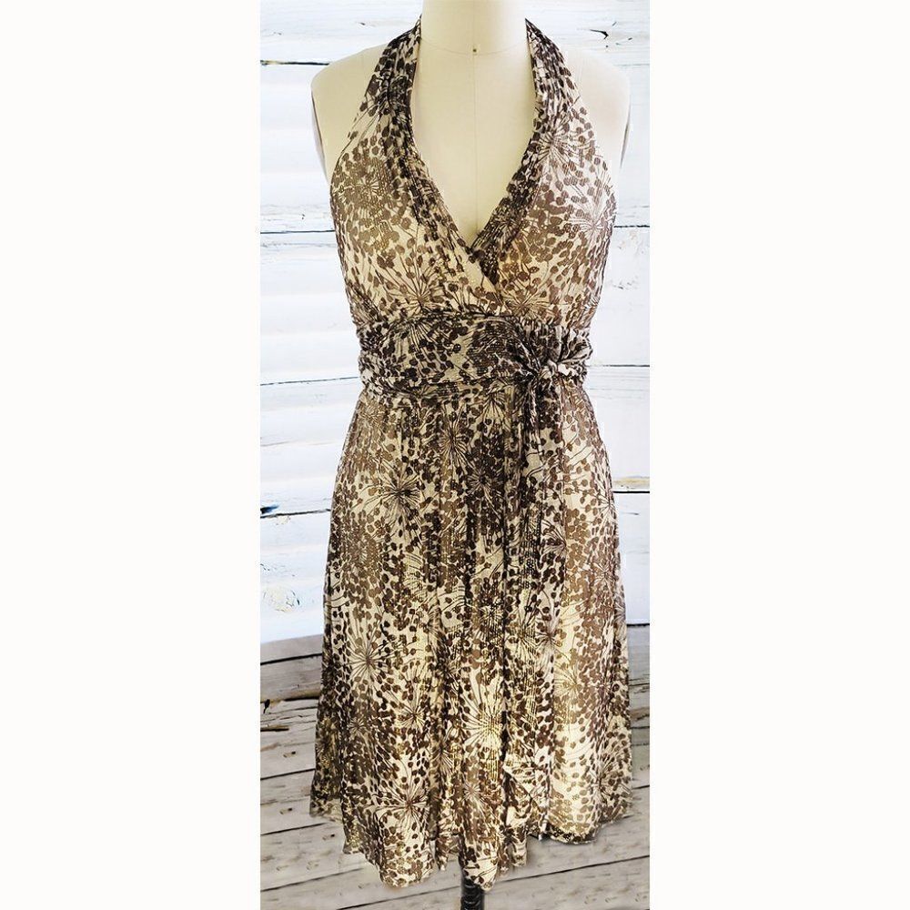 BCBG Maxazria golden tan silk leaf halter dress